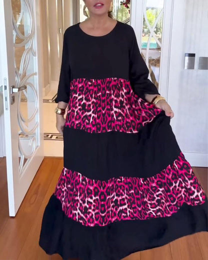 Casual leopard print round neck patchwork dress