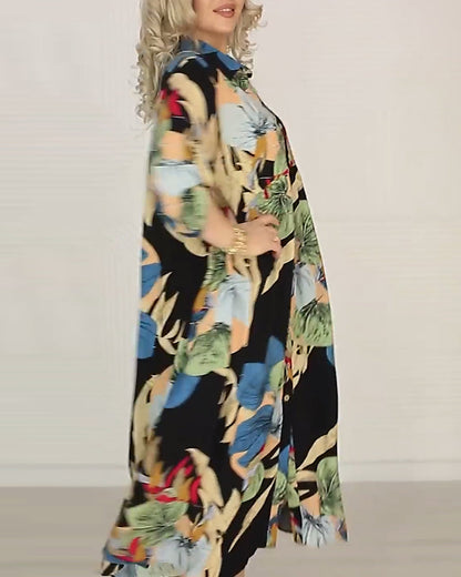 Loose, colorful printed dress with lapels