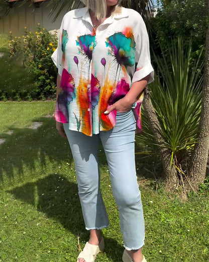 Sfumato-Button-Down-Hemd mit Revers und Blumendruck