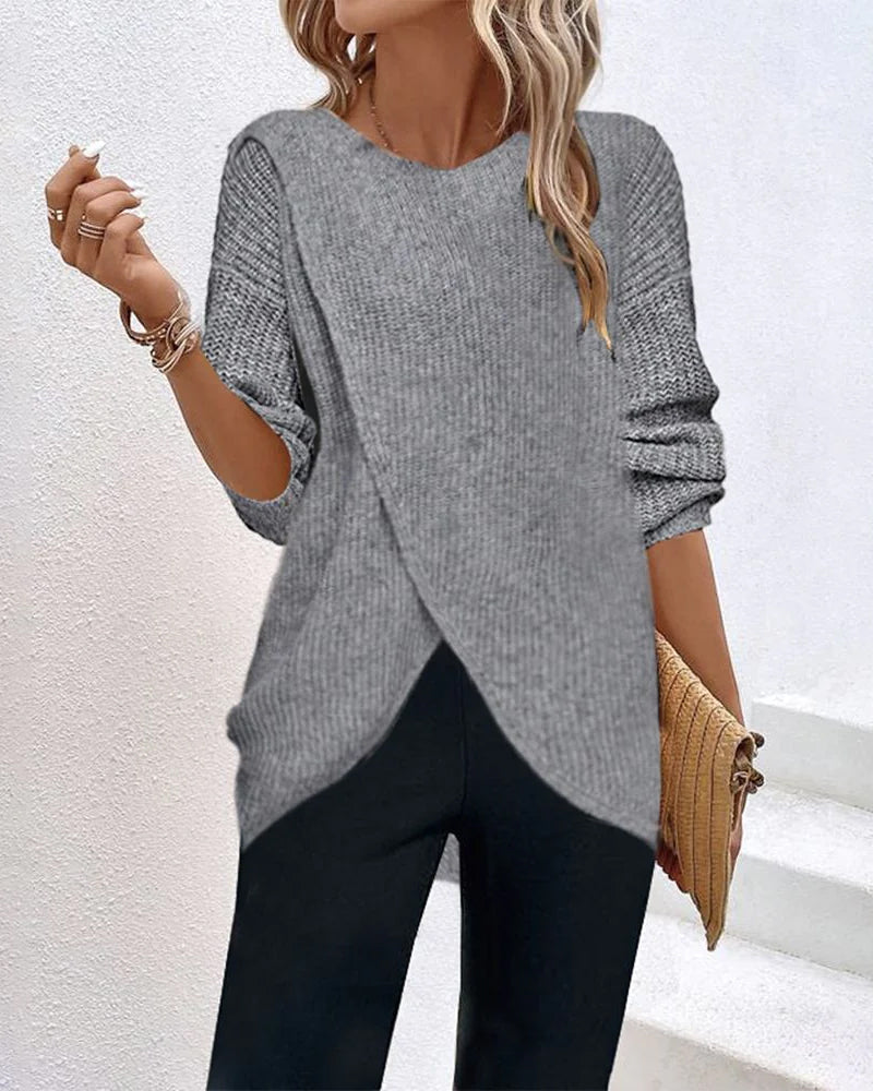 Modefest- Unregelmäßiger, einfarbiger Pullover mit Rundhalsausschnitt Grau