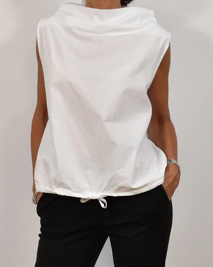 Fashionable, plain, sleeveless blouse with stand-up collar and drawstring