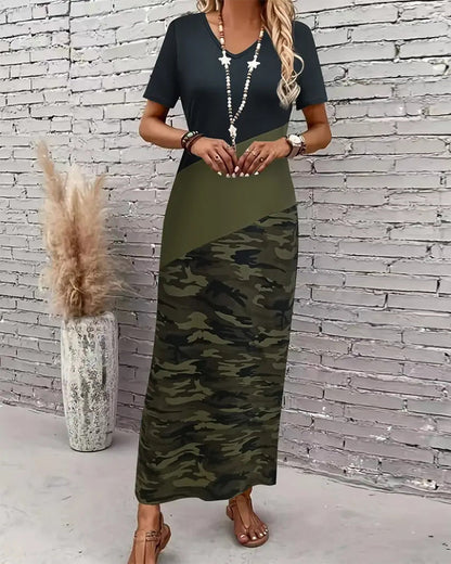 Vestido camuflado casual em cor contrastante