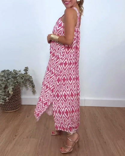 Printed sleeveless casual dress with slit