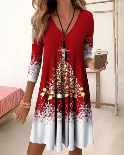 Modefest- Bedrucktes Kleid mit langen Ärmeln, V-Ausschnitt, knielang Rot