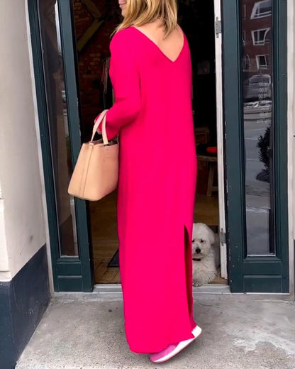 Elegant round neck dress, solid color and slit