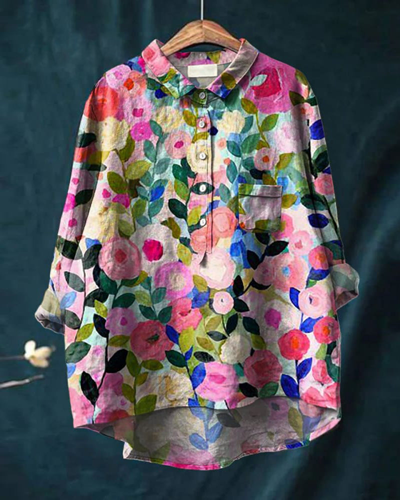 Modefest- Bluse mit blumendruck und reversknöpfen