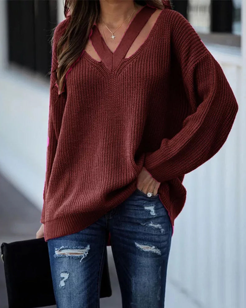 Modefest- Einfarbiger Pullover mit V-Ausschnitt Kaffee