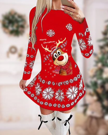 Modefest- Weihnachtskleid mit Elch- und Schneeflockenmuster und langen Ärmeln