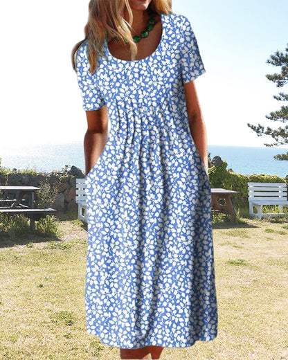 Modefest- Kurzärmliges Kleid mit Blätterdruck Blau