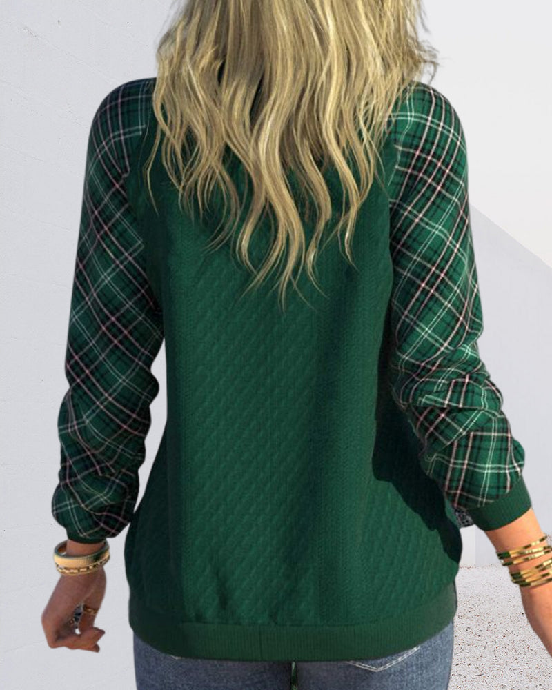 Modefest- Kariertes Sweatshirt mit V-Ausschnitt und langen Ärmeln