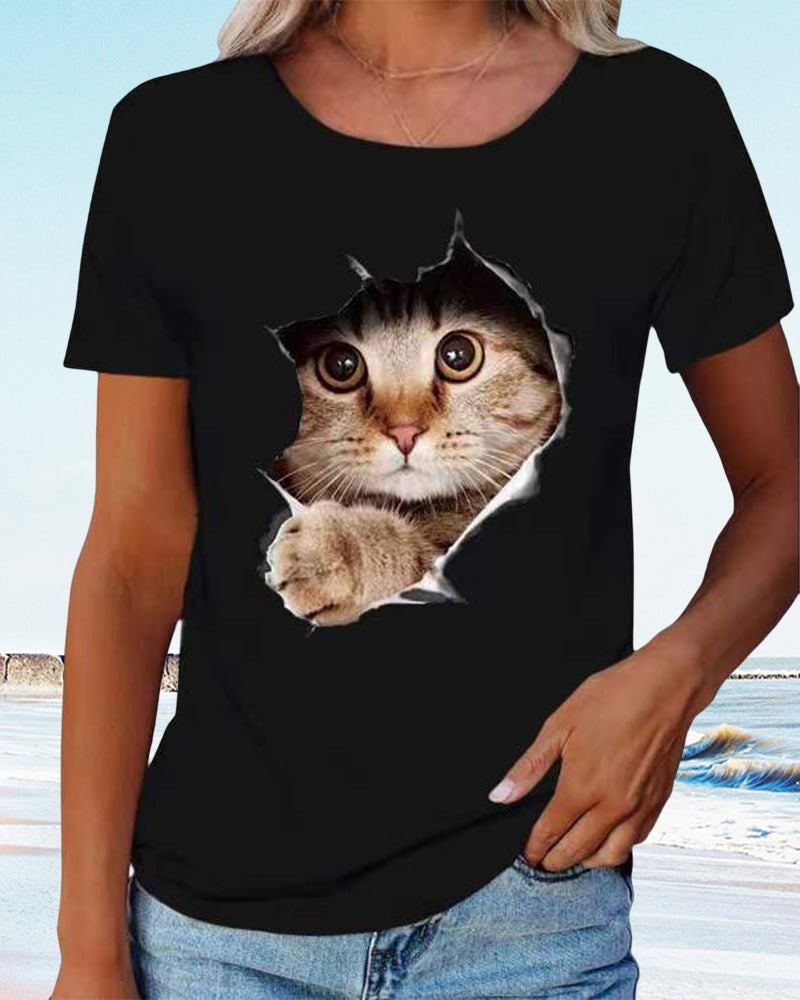 Modefest- T-Shirt mit zerrissenem Katzen-Print Schwarz