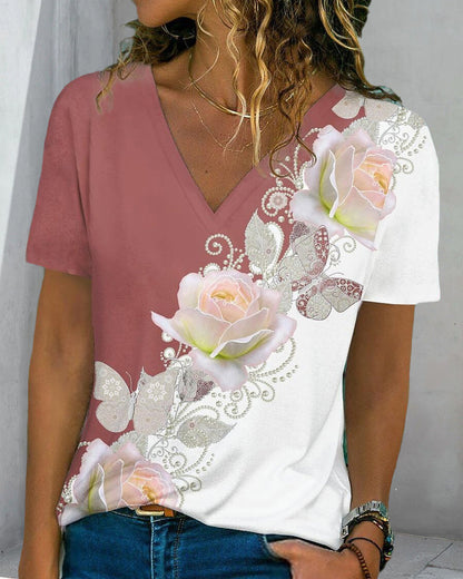 Modefest- Floraldruck V-Ausschnitt T-Shirt