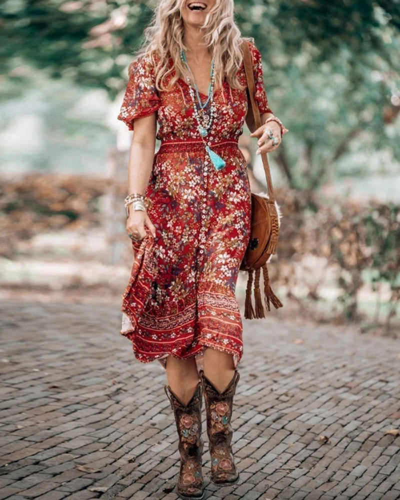 Boho printed dress with short sleeves and slit