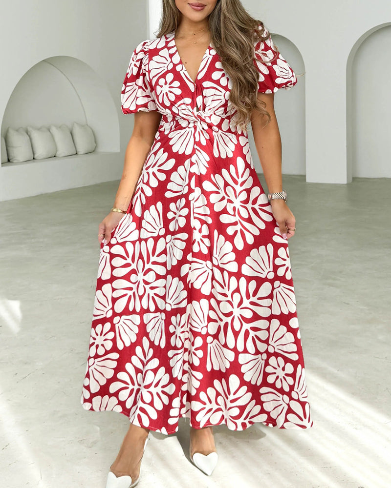 Elegant printed v-neck dress with lantern sleeves