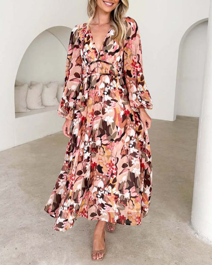 Elegant floral print dress with lantern sleeves