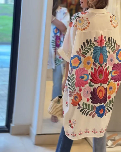 Modefest- Lässiges hemd mit blumendruck, dreiviertelärmeln und knöpfen