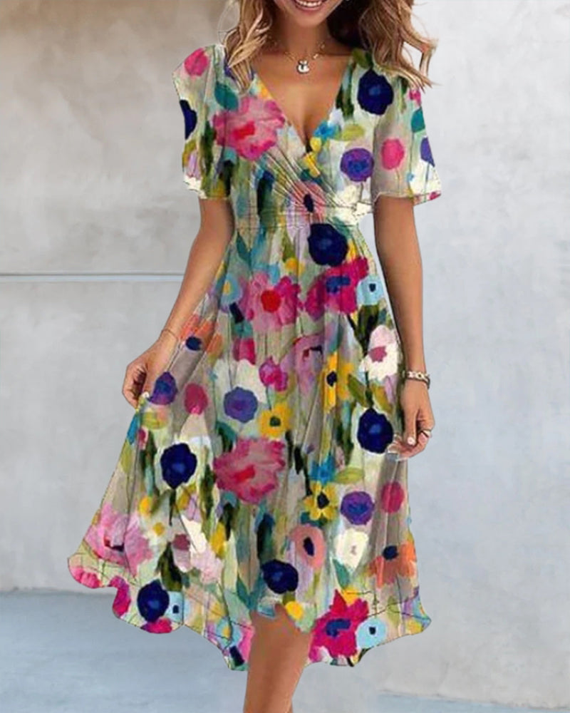 Modefest- Bunt bedrucktes kleid mit v-ausschnitt