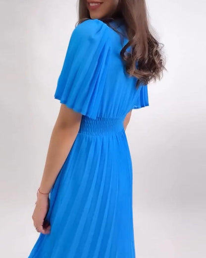 Elegant, plain pleated dress with v-neck