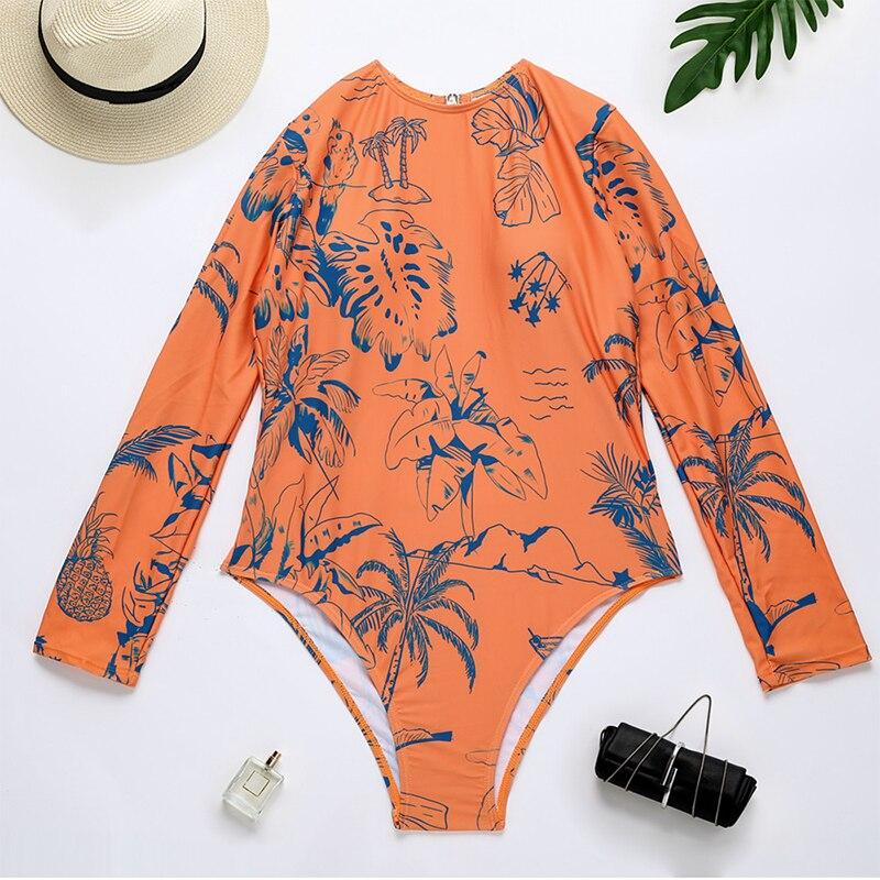 Modefest- Peachtan Monokini mit Pflanzendruck und langen Ärmeln, einteiliger Badeanzug für Frauen