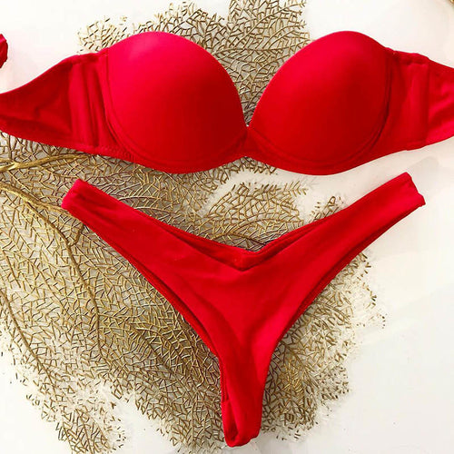 Modefest- Bandeau-Push-up-Bikini mit Leopardenmuster Rot