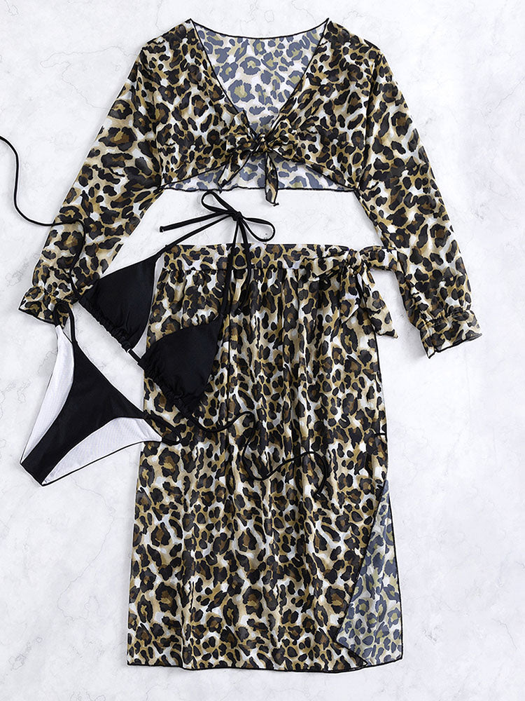 Modefest- Sexy vierteiliger Bikini mit langärmligem Leoparden-Badeanzug