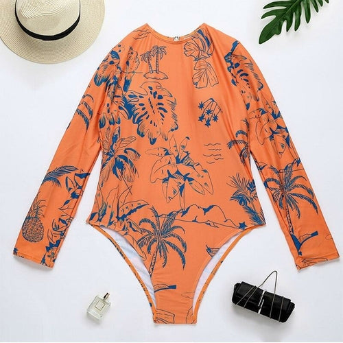 Modefest- Peachtan Monokini mit Pflanzendruck und langen Ärmeln, einteiliger Badeanzug für Frauen Orange