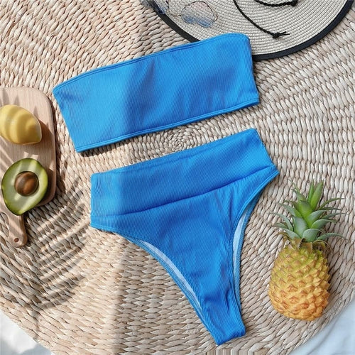 Modefest- Gerippter Bandeau-Bikini, gerippter Badeanzug für Frauen, trägerlos, Sport 4