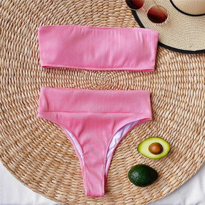 Modefest- Gerippter Bandeau-Bikini, gerippter Badeanzug für Frauen, trägerlos, Sport 3