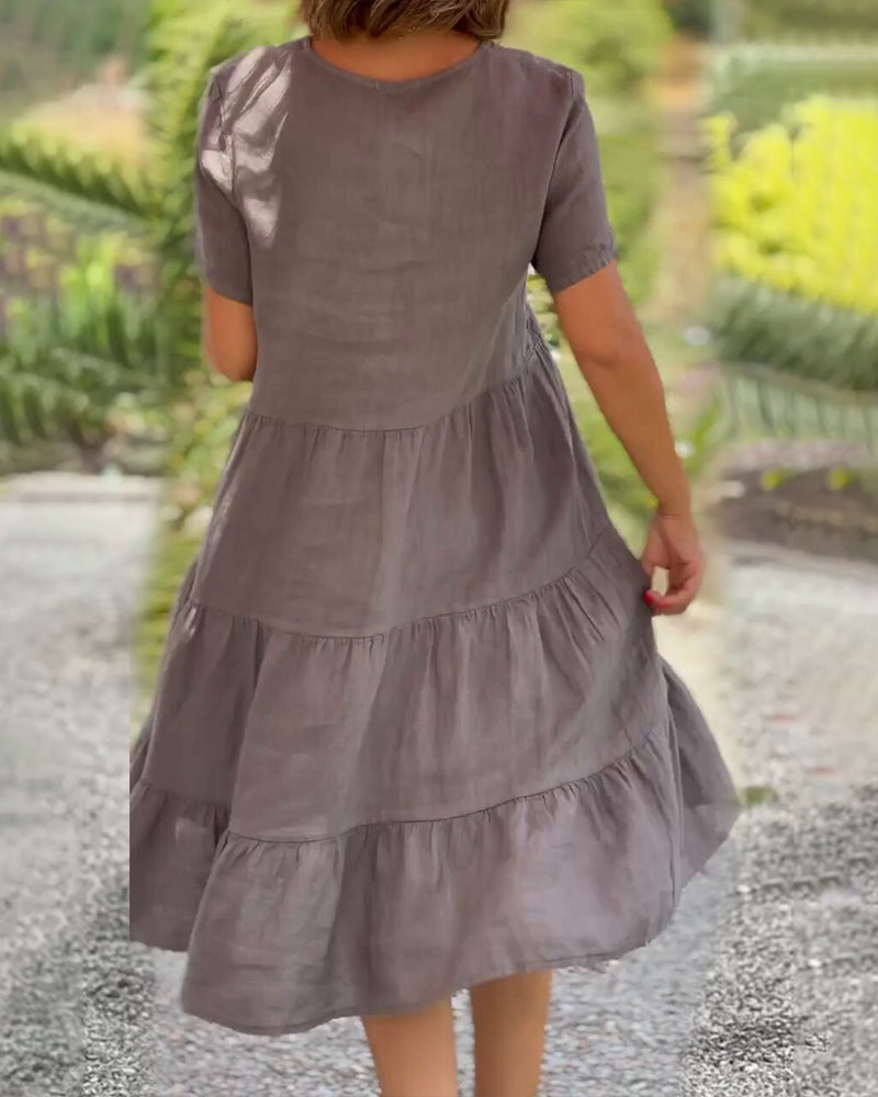 Modefest- Einfarbiges Kleid aus Baumwollleinen mit V-Ausschnitt