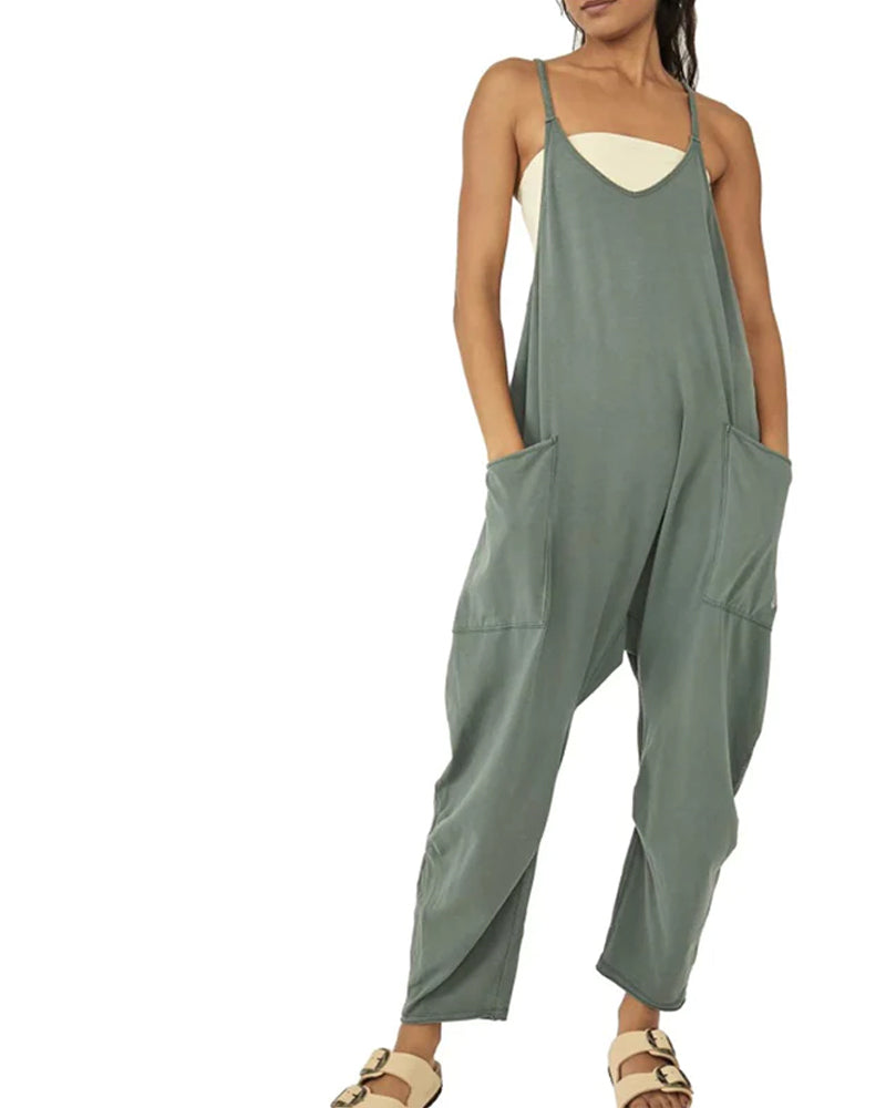 Modefest- Einfarbiger Jumpsuit mit V-Ausschnitt und Taschen