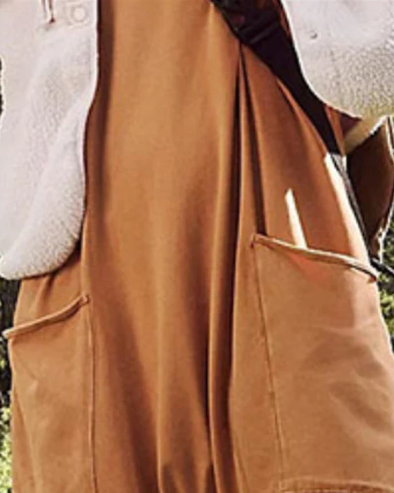 Modefest- Einfarbiger Jumpsuit mit V-Ausschnitt und Taschen