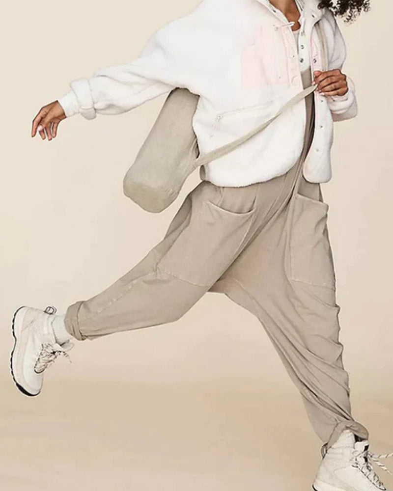 Modefest- Einfarbiger Jumpsuit mit V-Ausschnitt und Taschen Grau