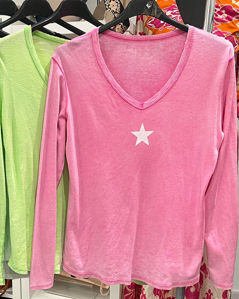 Camiseta casual con cuello en pico y manga larga con estampado de estrellas