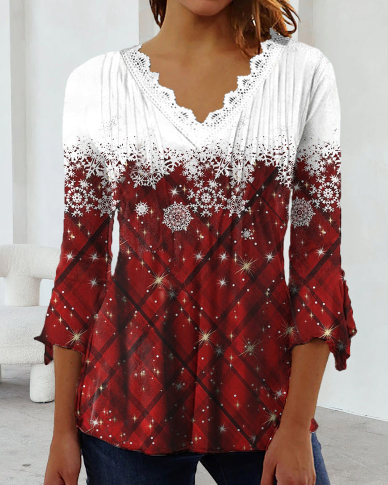 Modefest- Snowflake Print V-Ausschnitt Top