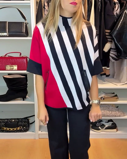 Striped turtleneck sweater with short sleeves