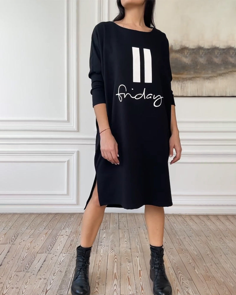 Modefest- Schlichtes, bedrucktes Kleid mit Seitenschlitzen Schwarz