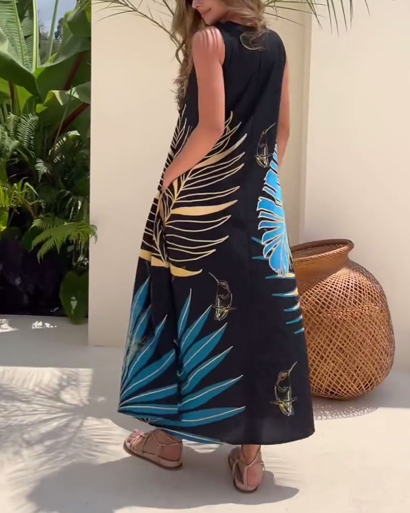 Modefest- Einfaches ärmelloses Kleid mit Blätterdruck