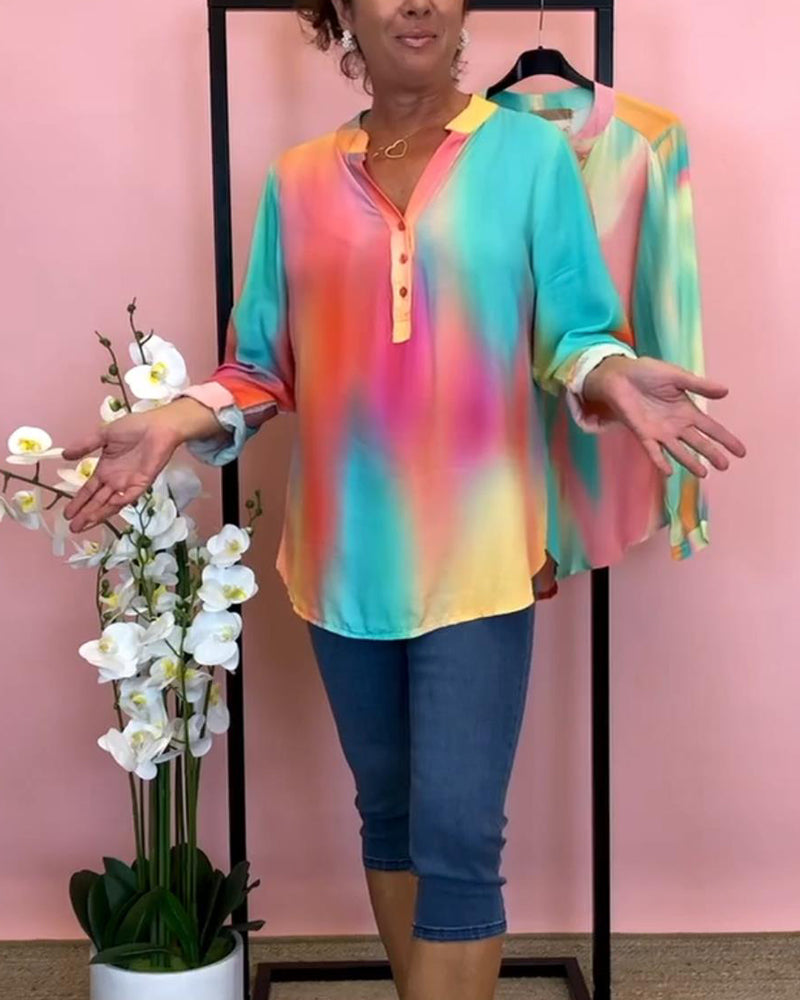 Modefest- Geknöpfte, langärmlige bluse mit v-ausschnitt und farbverlauf