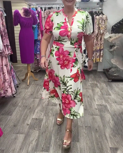 Modefest- Elegantes Kleid mit Blumenmuster und V-Ausschnitt