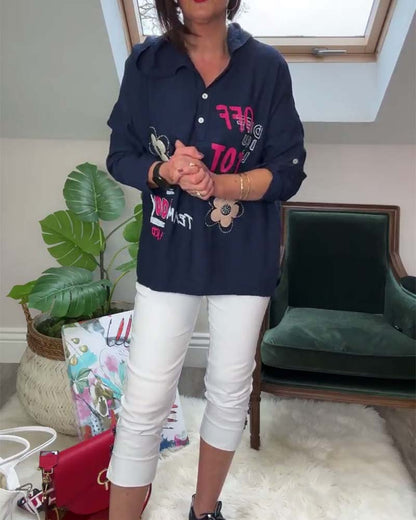 Top casual con capucha de manga larga y bordado floral