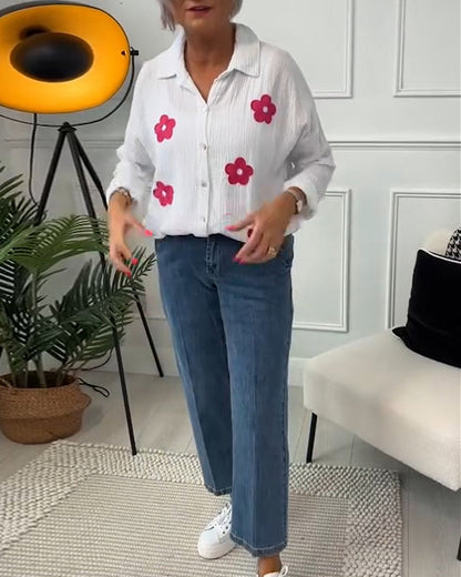 Chemise décontractée à manches longues avec motif floral et revers