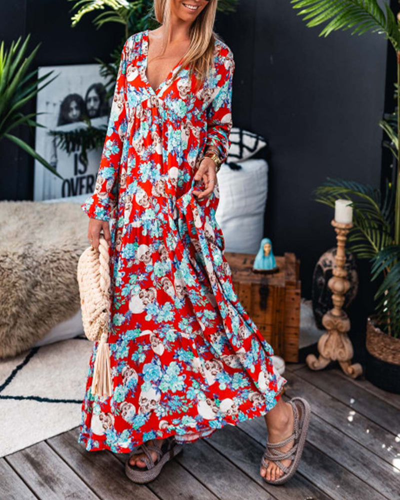 Modefest- Langärmliges urlaubskleid mit floralem totenkopf-print und tiefem v-ausschnitt