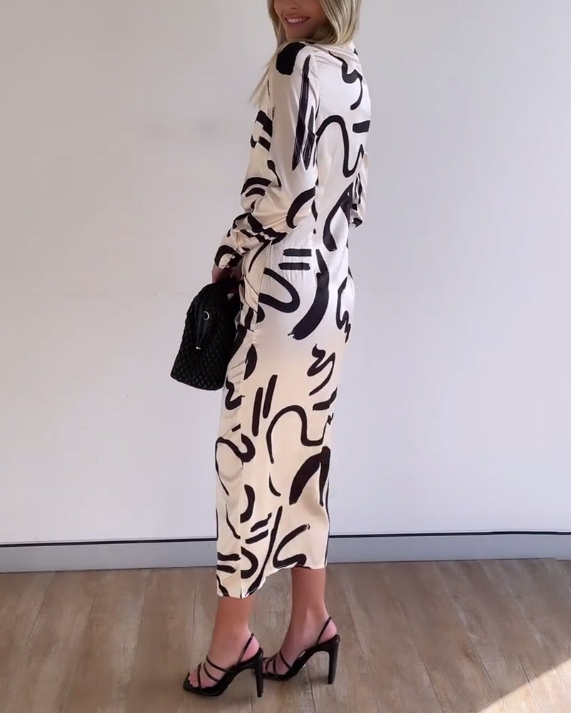 Fashionable printed dress with long sleeves and slit