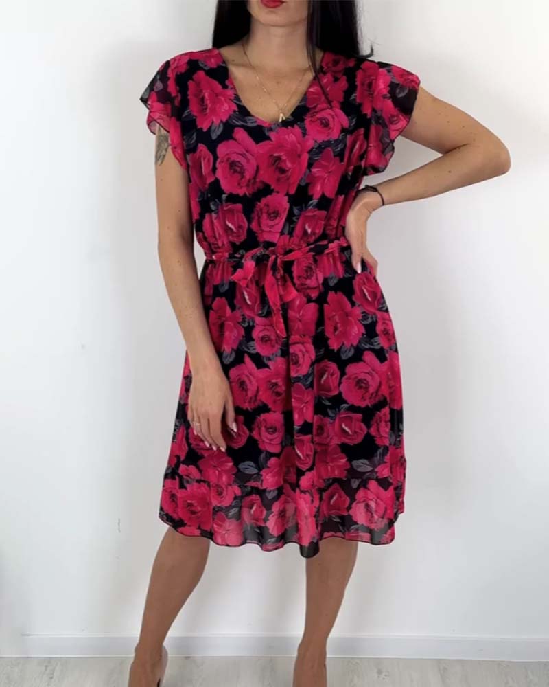 Modefest- Kleid mit kurzen Ärmeln und Rosendruck