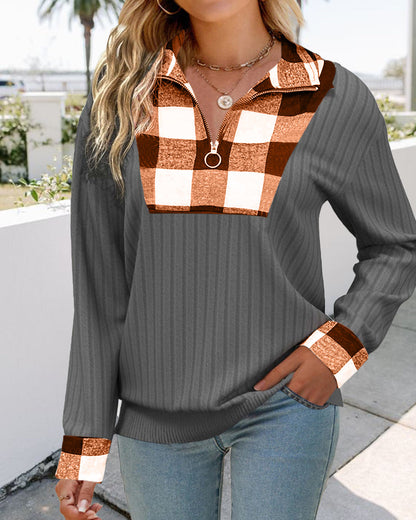 Gestreiftes farbblock-pullover-sweatshirt mit reißverschluss und revers