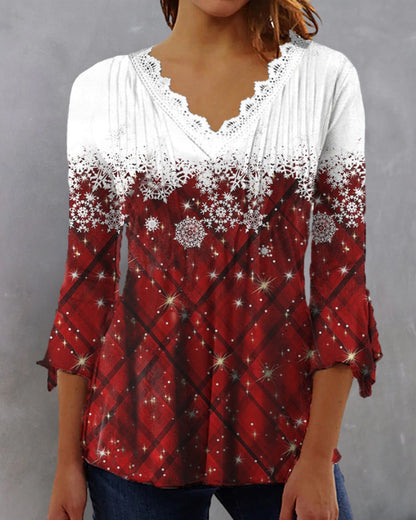 Modefest- Snowflake Print V-Ausschnitt Top