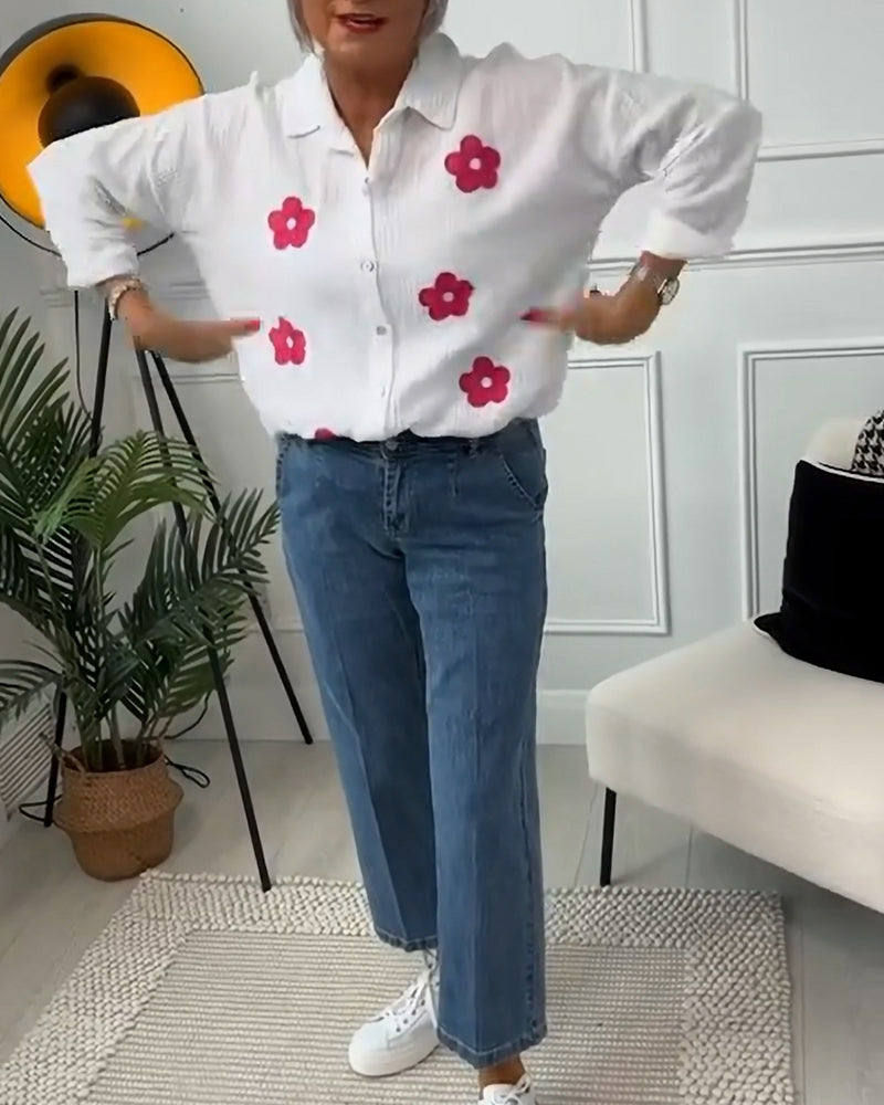 Chemise décontractée à manches longues avec motif floral et revers