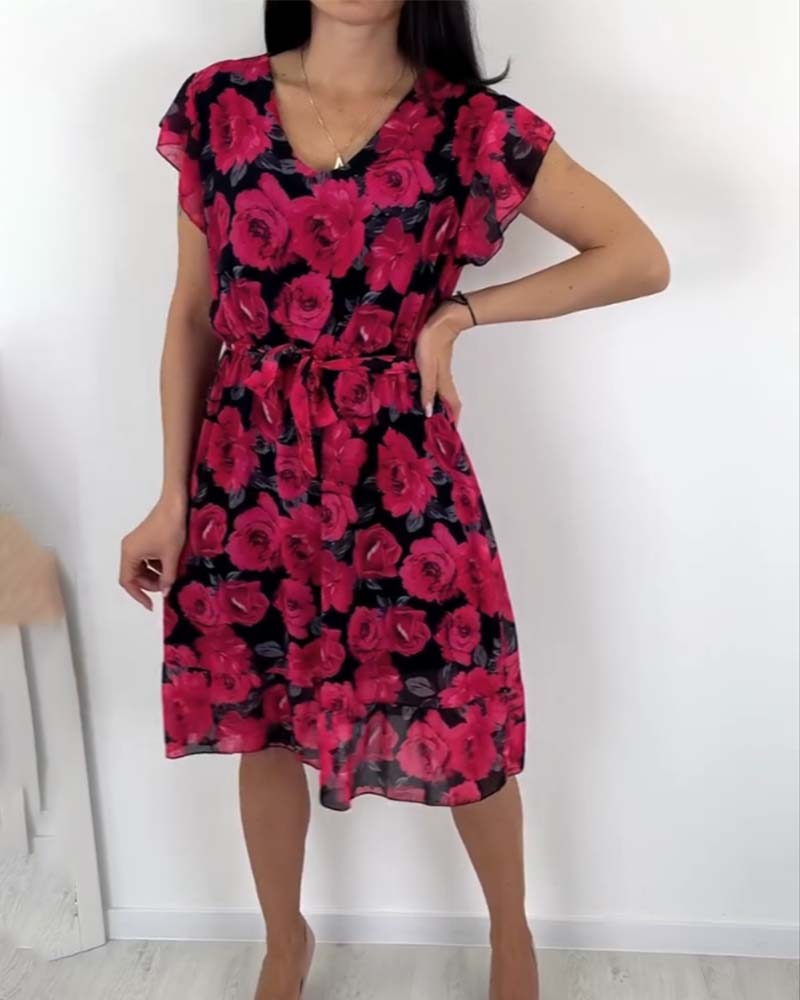 Modefest- Kleid mit kurzen Ärmeln und Rosendruck