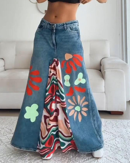 Casual denim skirt with colorful patchwork print