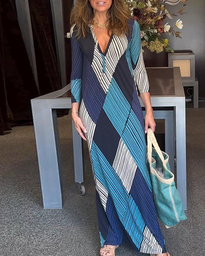 Casual geometric pattern v-neck slit dress